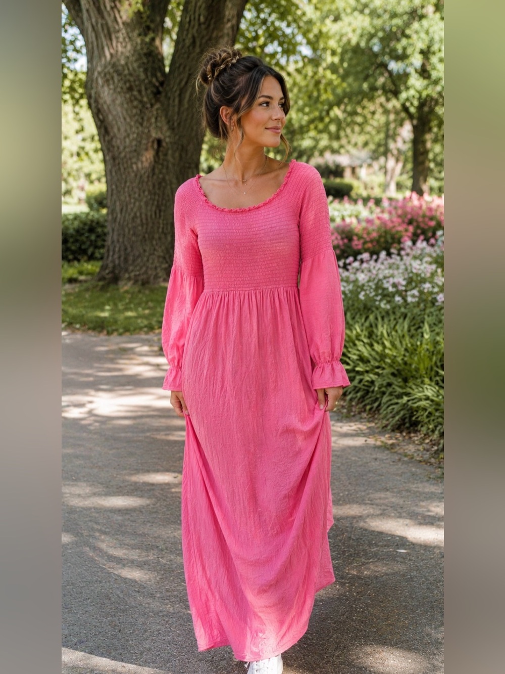 Smash + Tess ELLIE Pink Long Sleeve Smocked Maxi Dress Size L